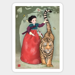 Woman and Tiger in Hanbok Sticker